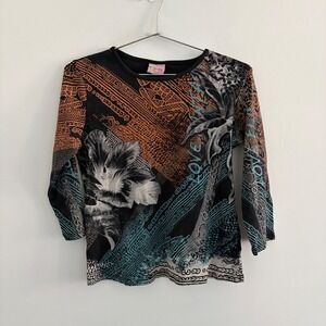 Mykonos Vintage Y2K Graphic Print 3/4 Sleeve Top Large Black Orange Blue